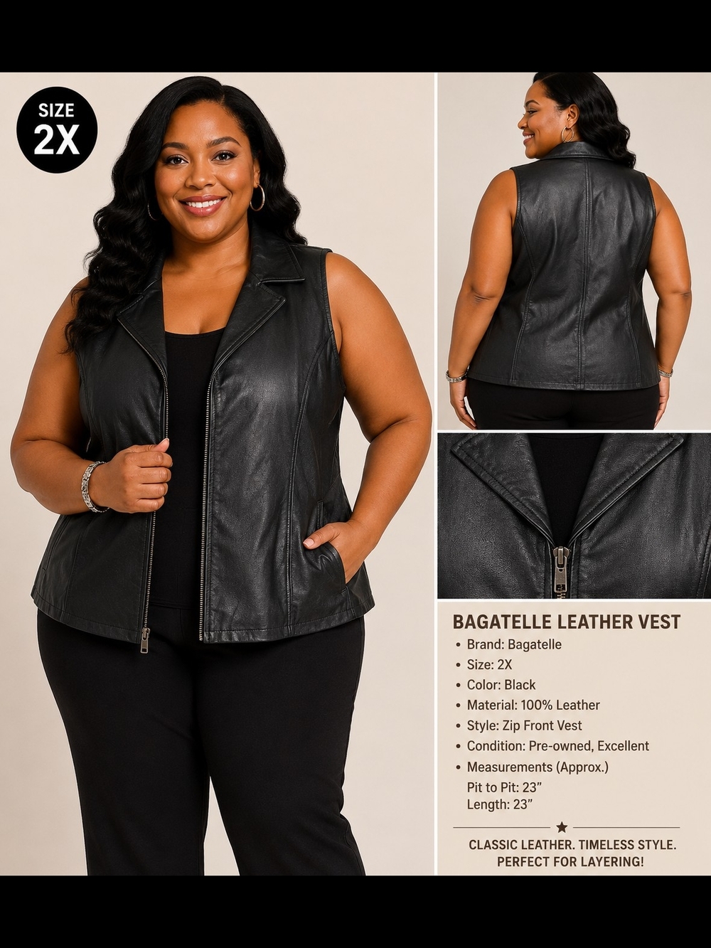 Bagatelle Black Leather Zip Front Vest Women's Plus Size 2X